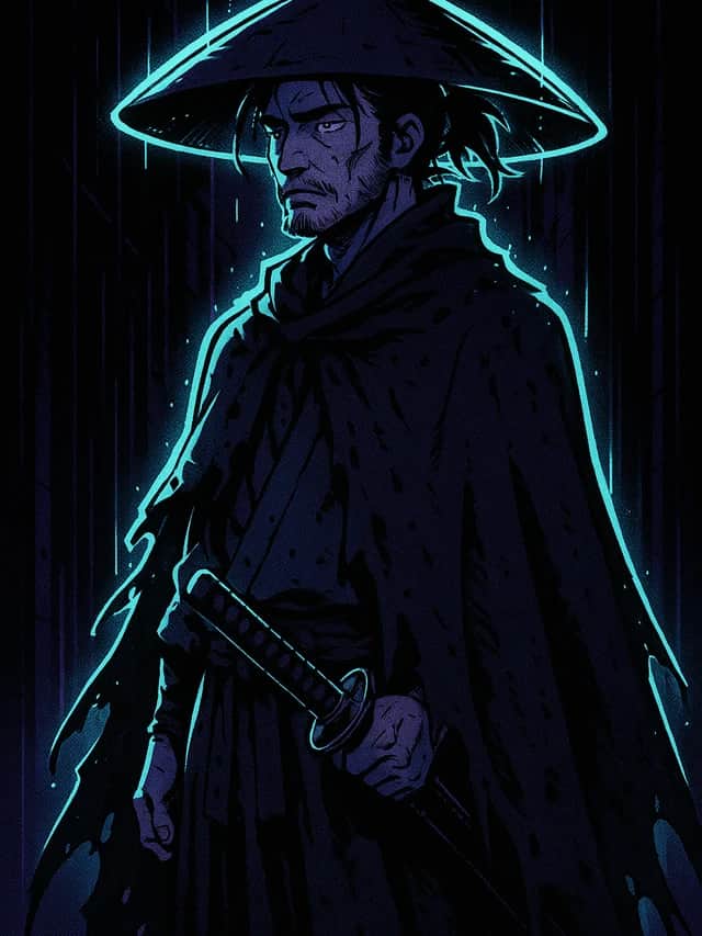 AI manga panel of a ronin drawing his sword in the rain